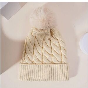 Cream Knit Beanie with Faux Fur Pom Pom